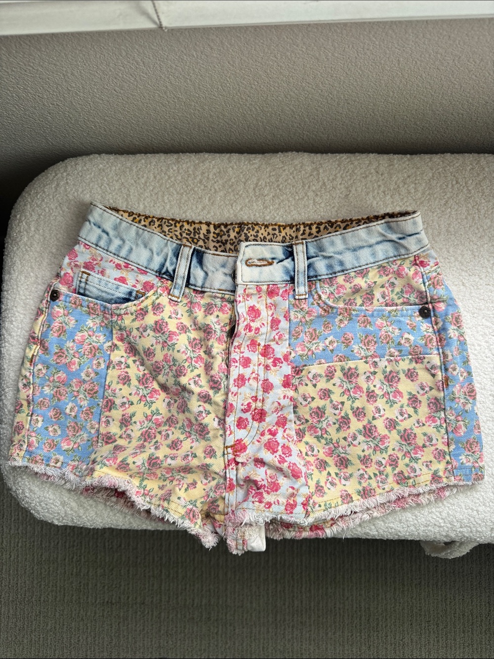 FARM Rio Floral Patchwork Jean Shorts in Pastel Yellow & Blue